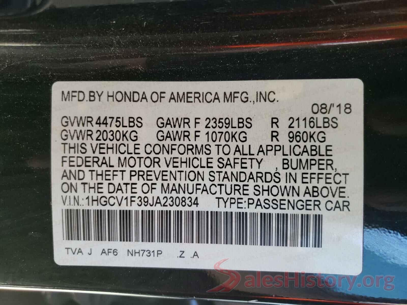 1HGCV1F39JA230834 2018 HONDA ACCORD