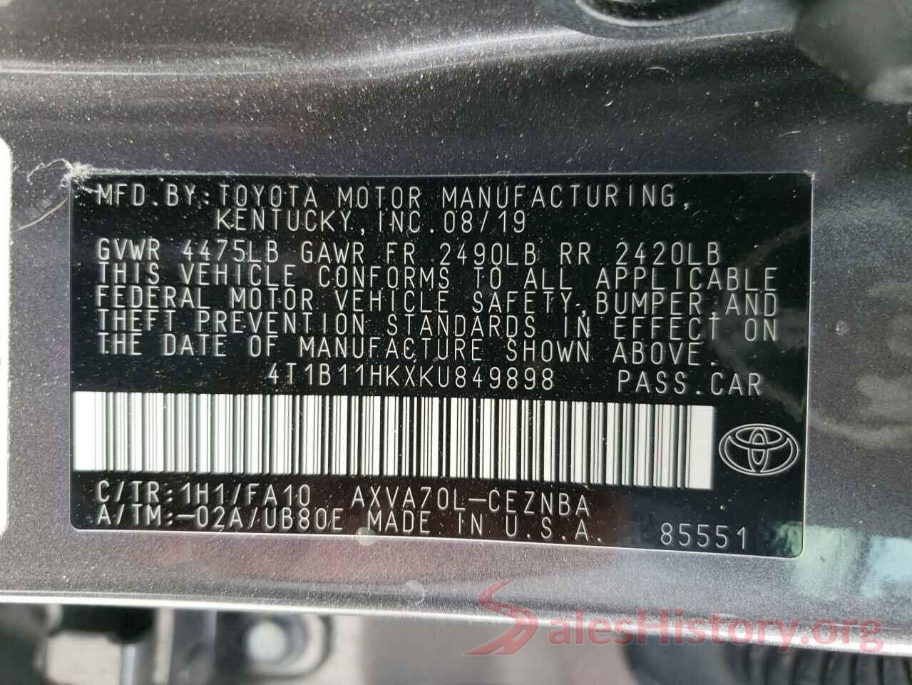 4T1B11HKXKU849898 2019 TOYOTA CAMRY