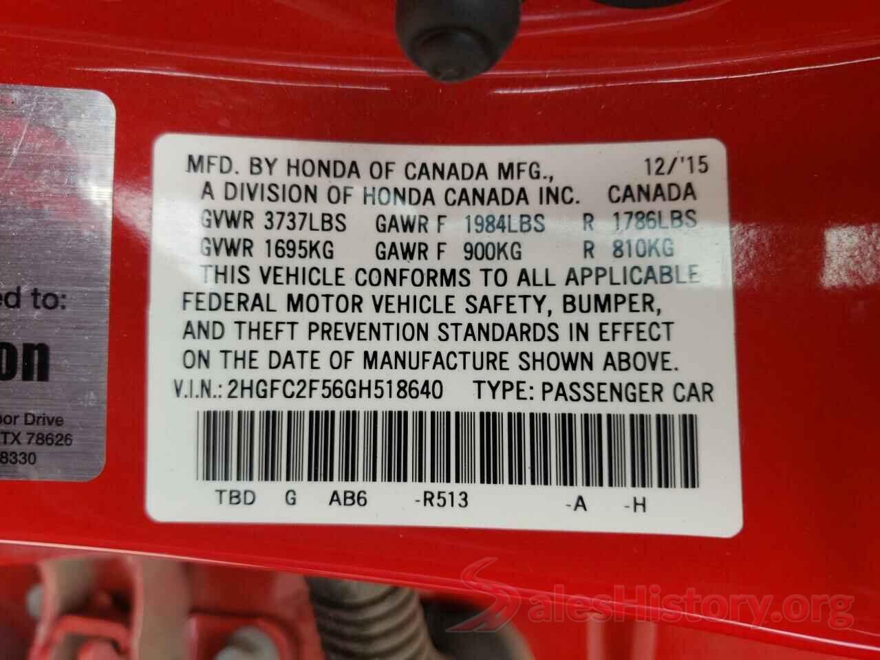 2HGFC2F56GH518640 2016 HONDA CIVIC