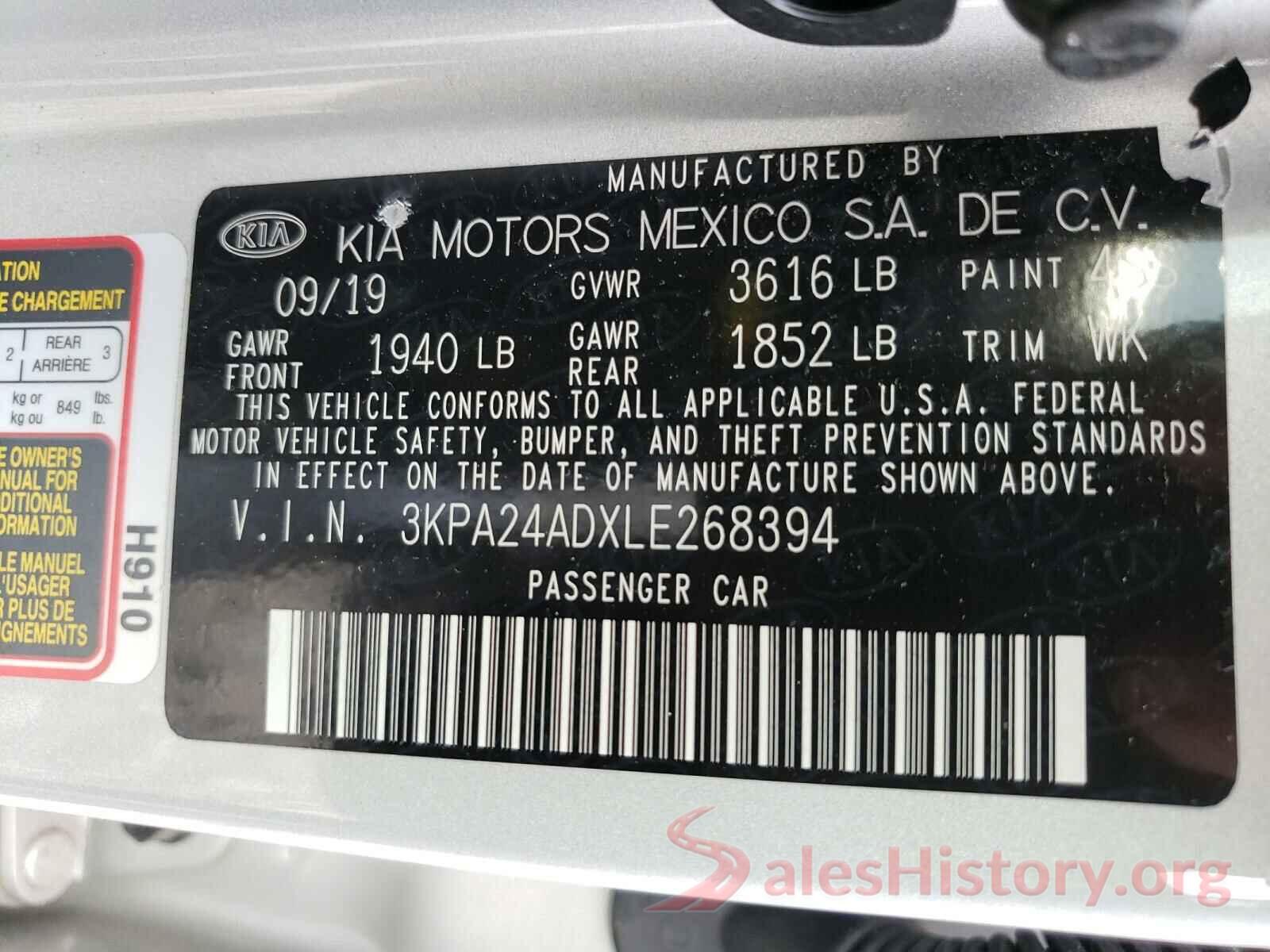 3KPA24ADXLE268394 2020 KIA RIO