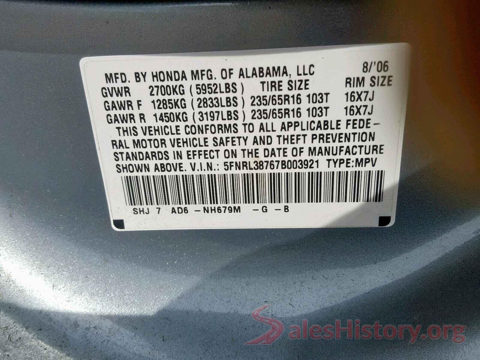 5FNRL38767B003921 2007 HONDA ODYSSEY EX