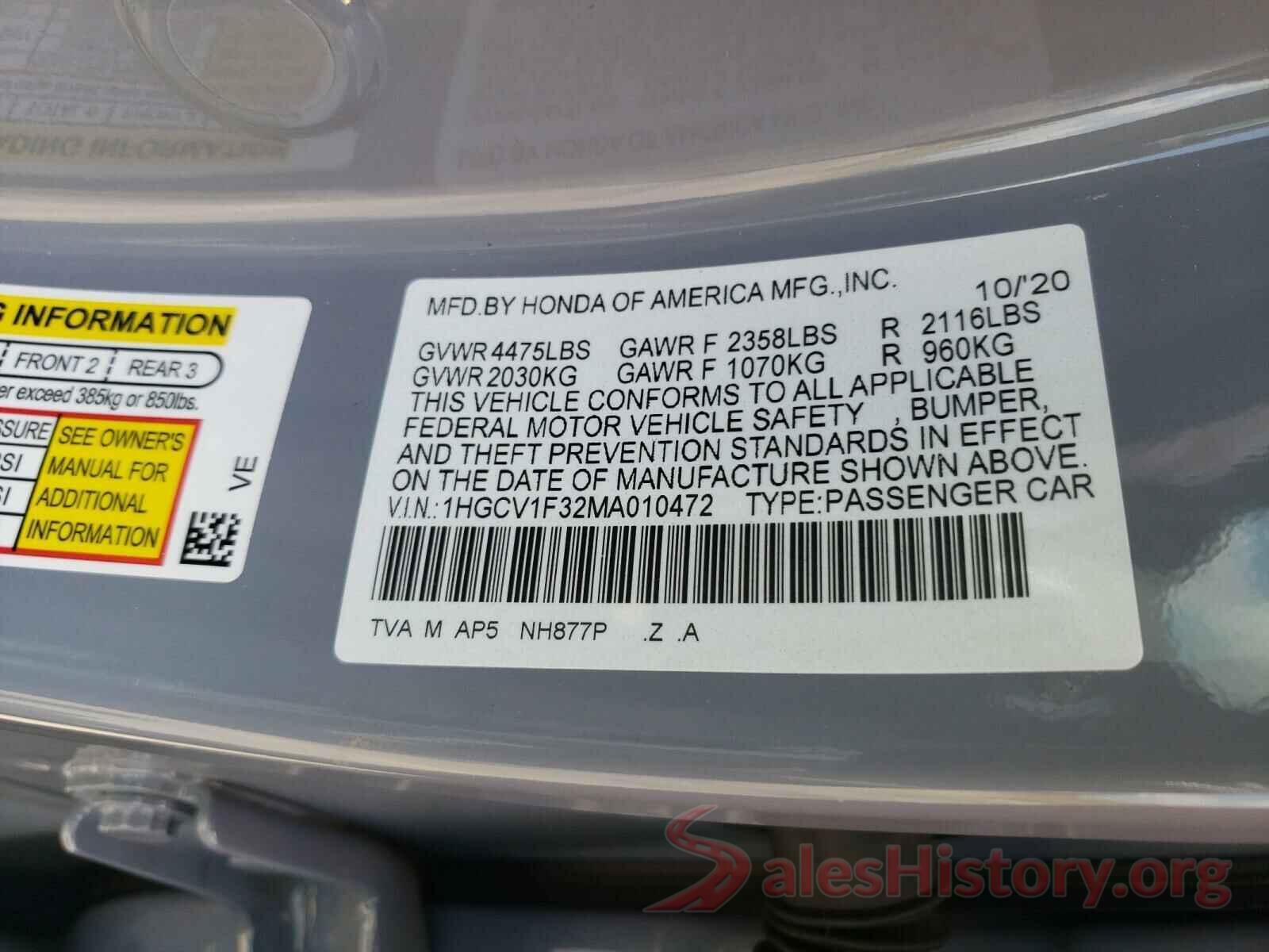 1HGCV1F32MA010472 2021 HONDA ACCORD