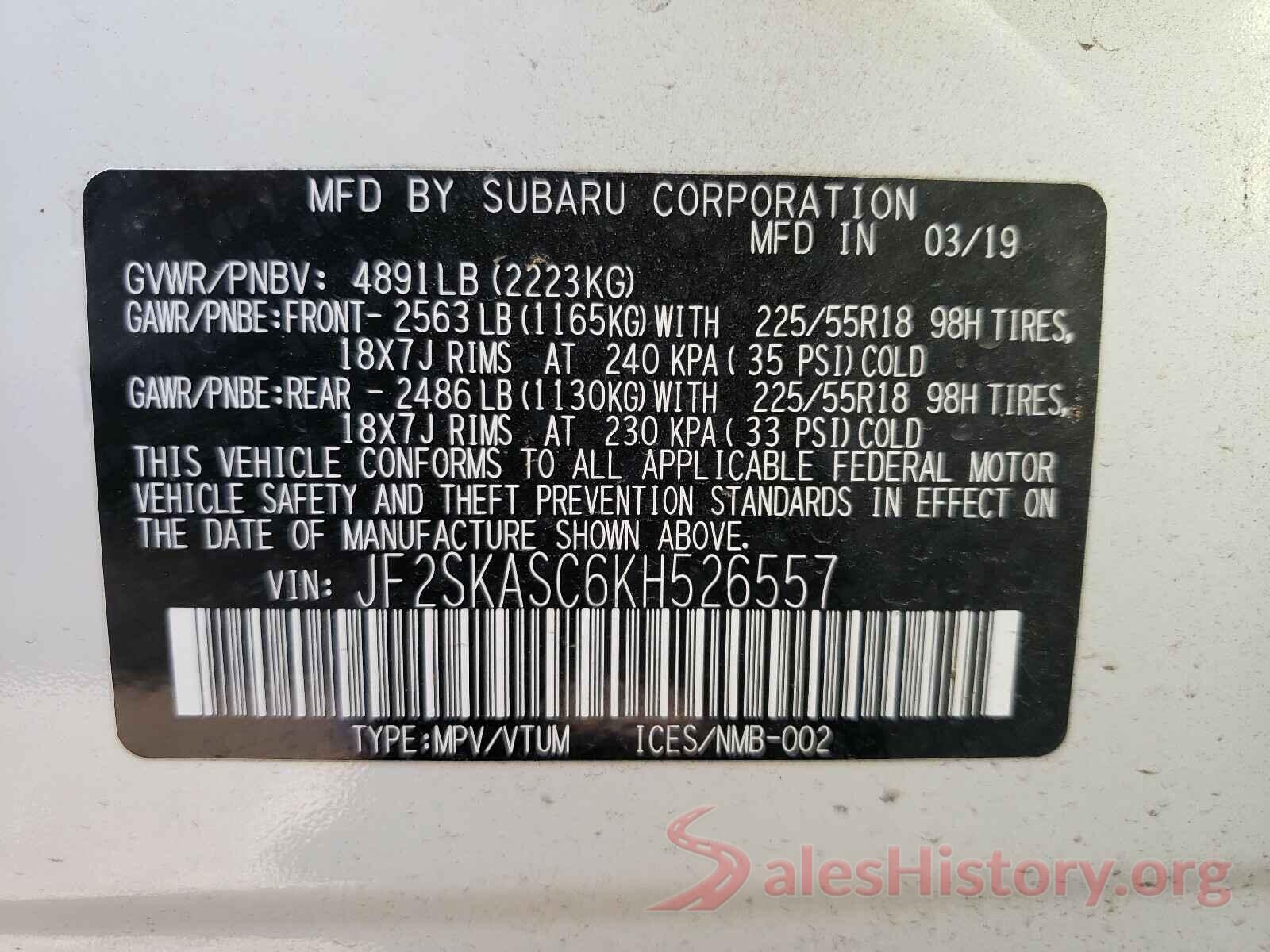 JF2SKASC6KH526557 2019 SUBARU FORESTER