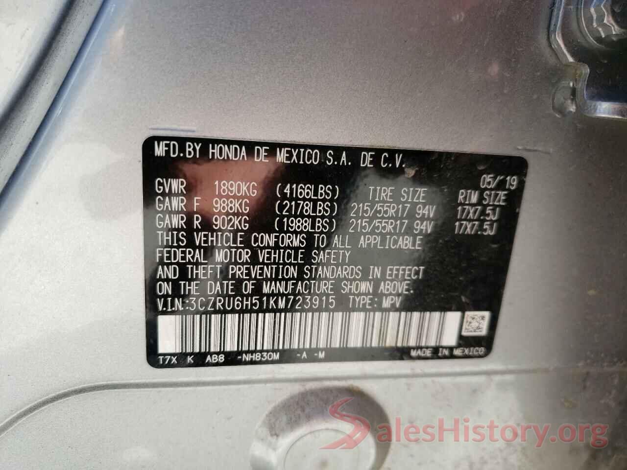 3CZRU6H51KM723915 2019 HONDA HR-V