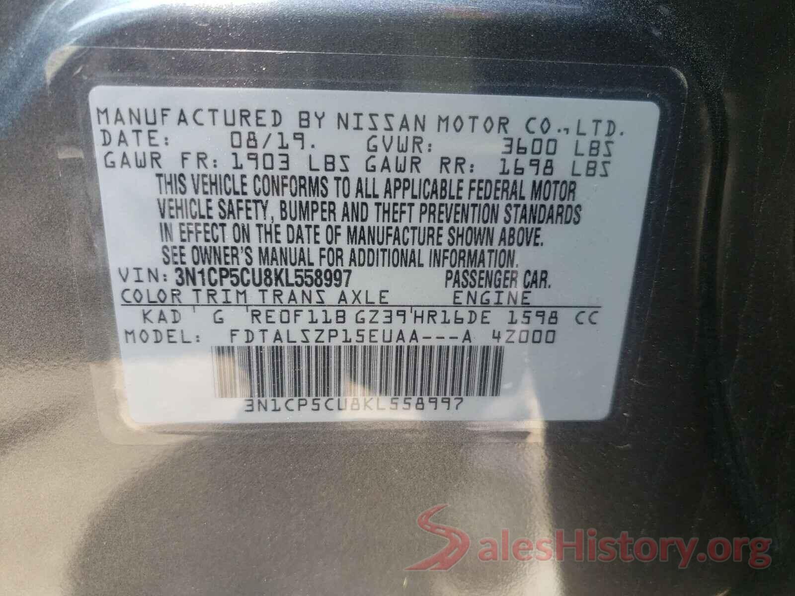 3N1CP5CU8KL558997 2019 NISSAN KICKS