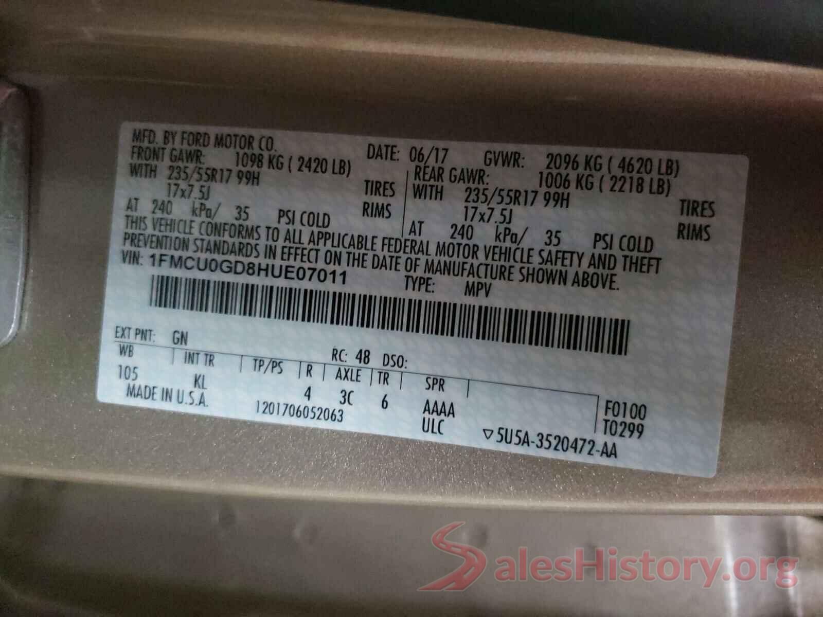 1FMCU0GD8HUE07011 2017 FORD ESCAPE