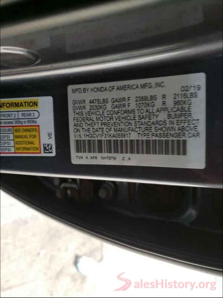 1HGCV1F31KA055917 2019 HONDA ACCORD