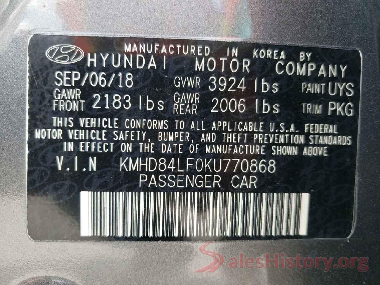 KMHD84LF0KU770868 2019 HYUNDAI ELANTRA