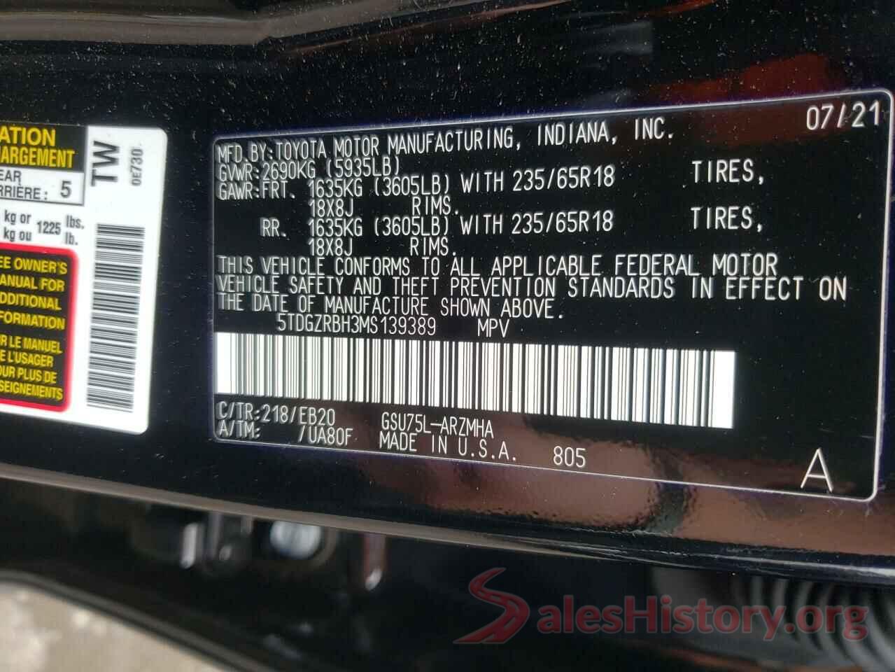 5TDGZRBH3MS139389 2021 TOYOTA HIGHLANDER