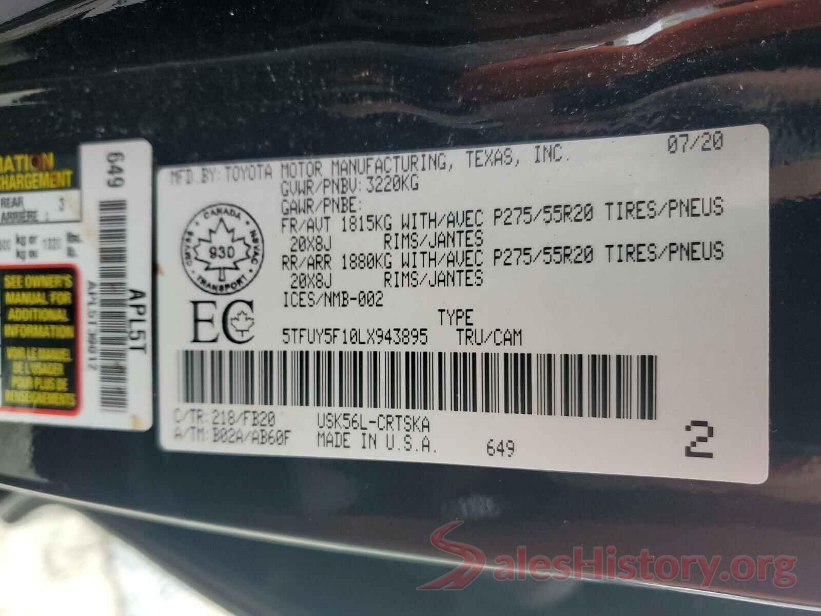 5TFUY5F10LX943895 2020 TOYOTA TUNDRA