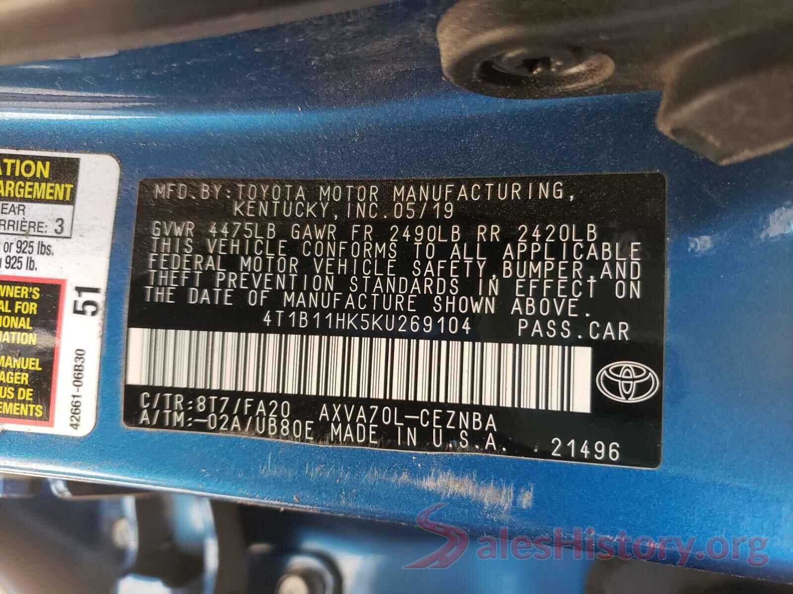 4T1B11HK5KU269104 2019 TOYOTA CAMRY