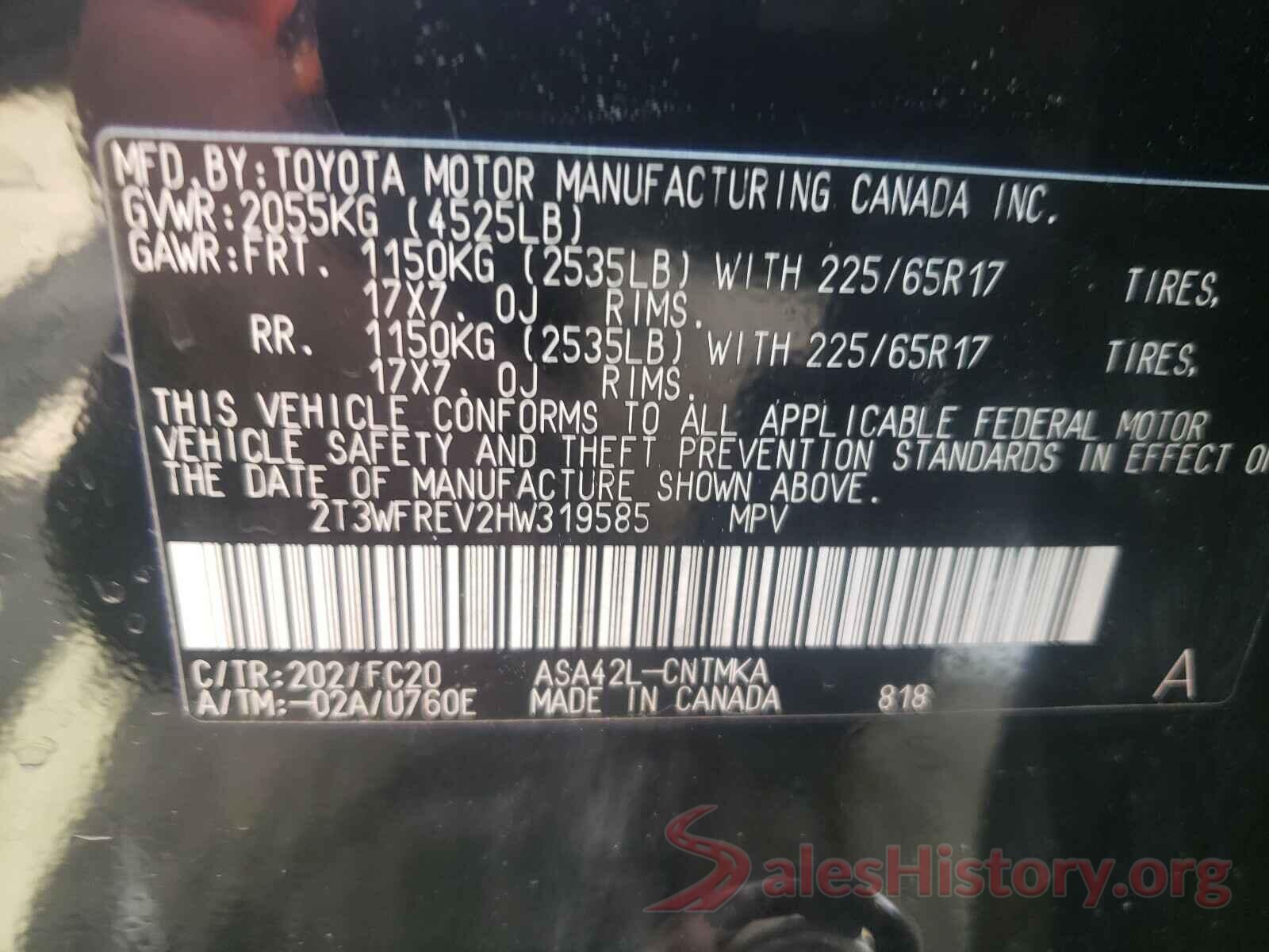 2T3WFREV2HW319585 2017 TOYOTA RAV4