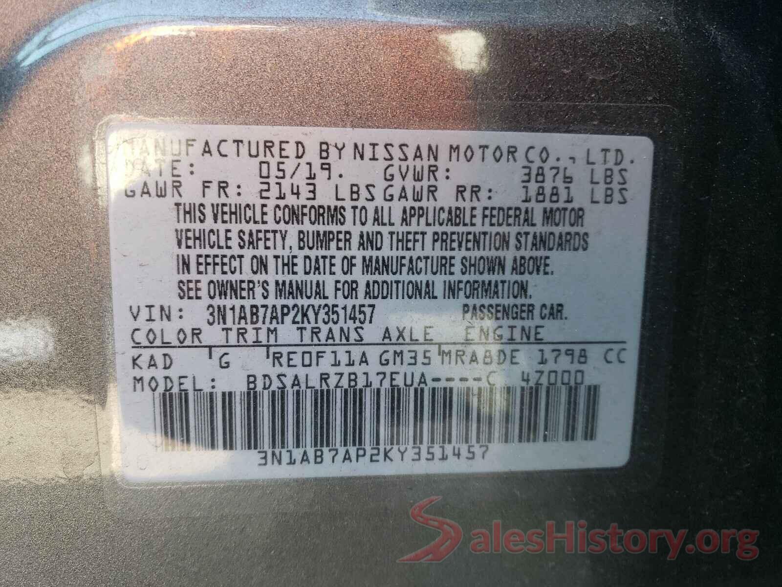 3N1AB7AP2KY351457 2019 NISSAN SENTRA