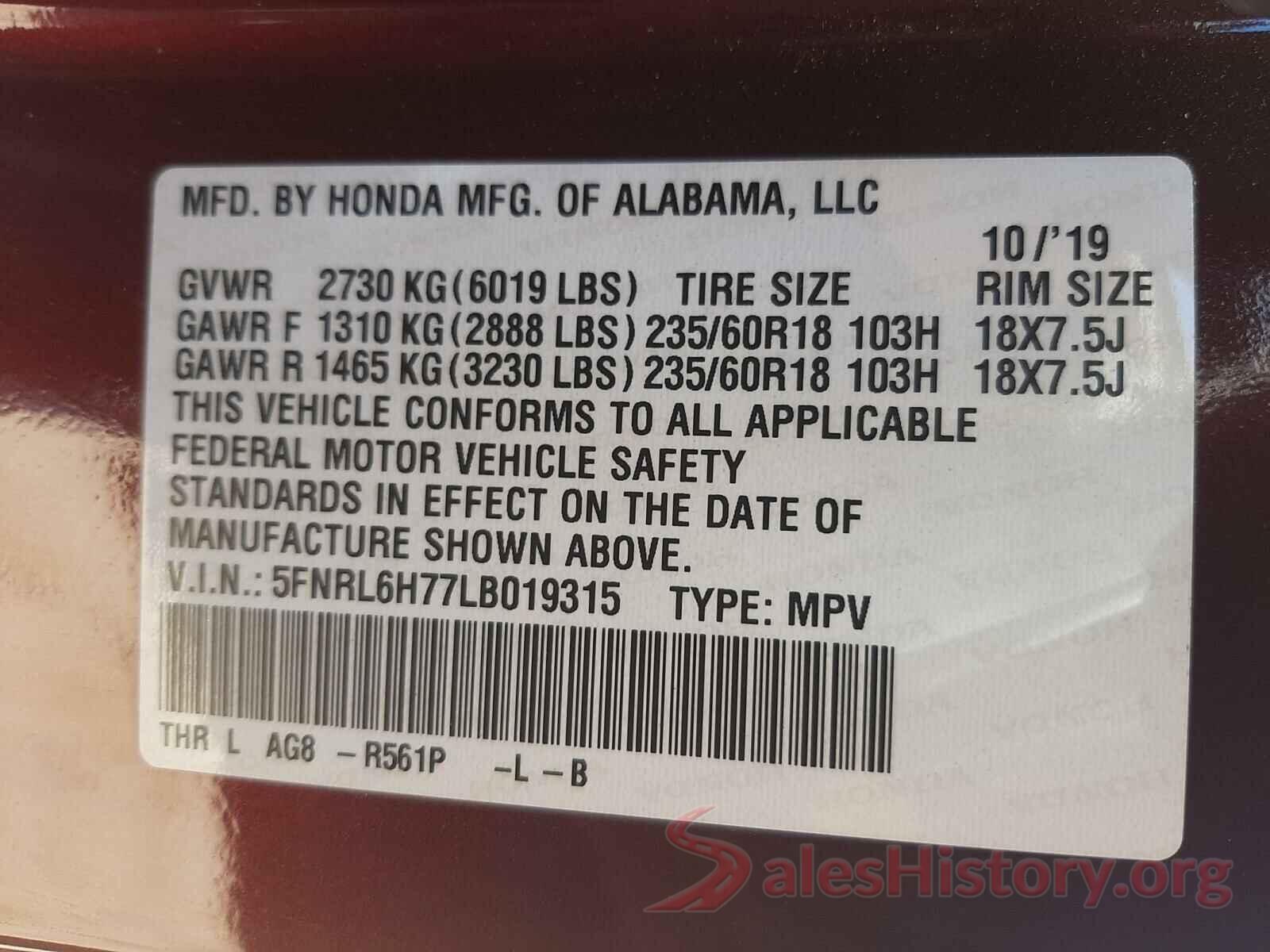 5FNRL6H77LB019315 2020 HONDA ODYSSEY