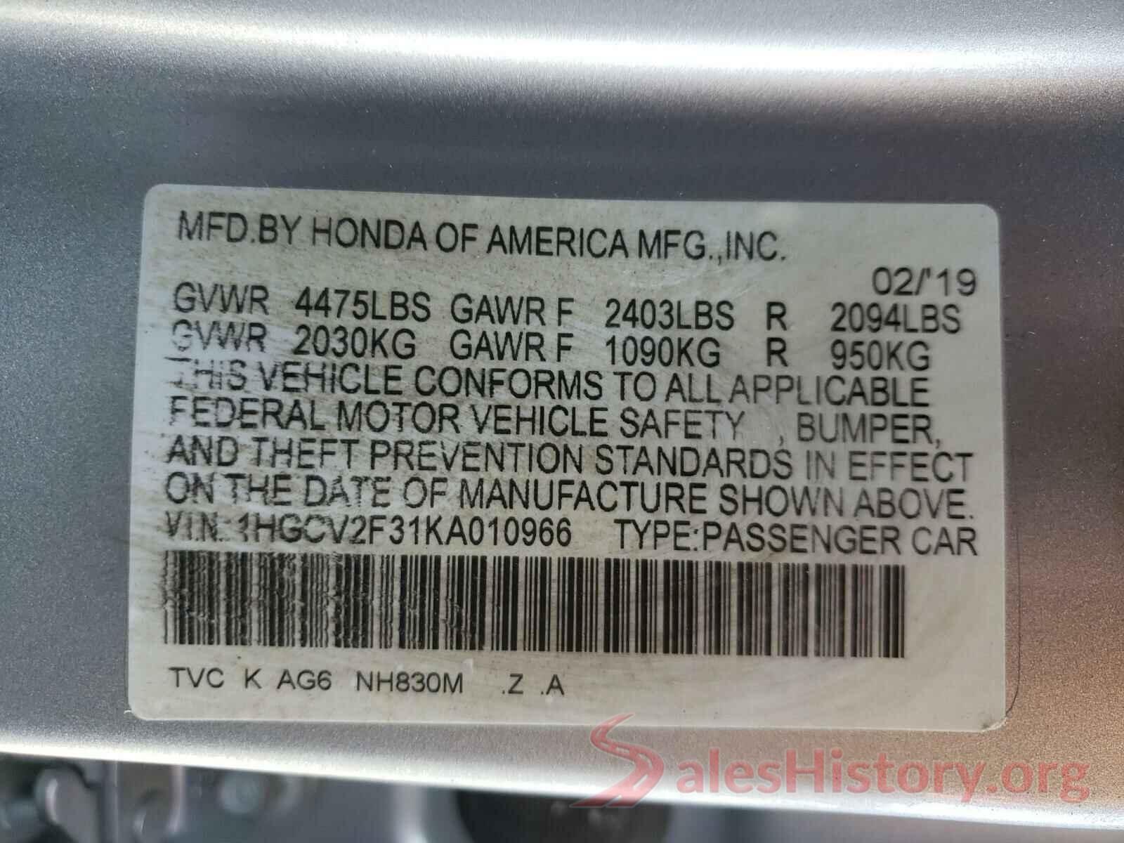 1HGCV2F31KA010966 2019 HONDA ACCORD