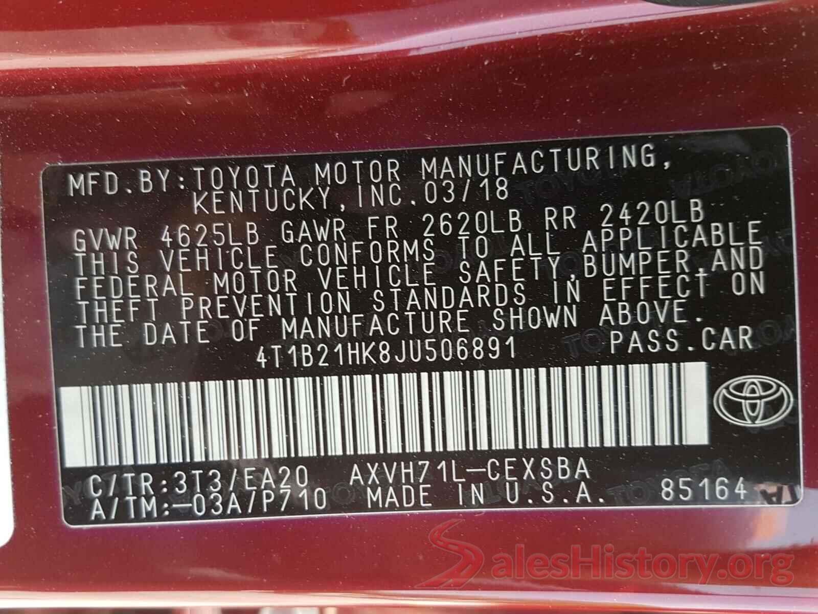 4T1B21HK8JU506891 2018 TOYOTA CAMRY