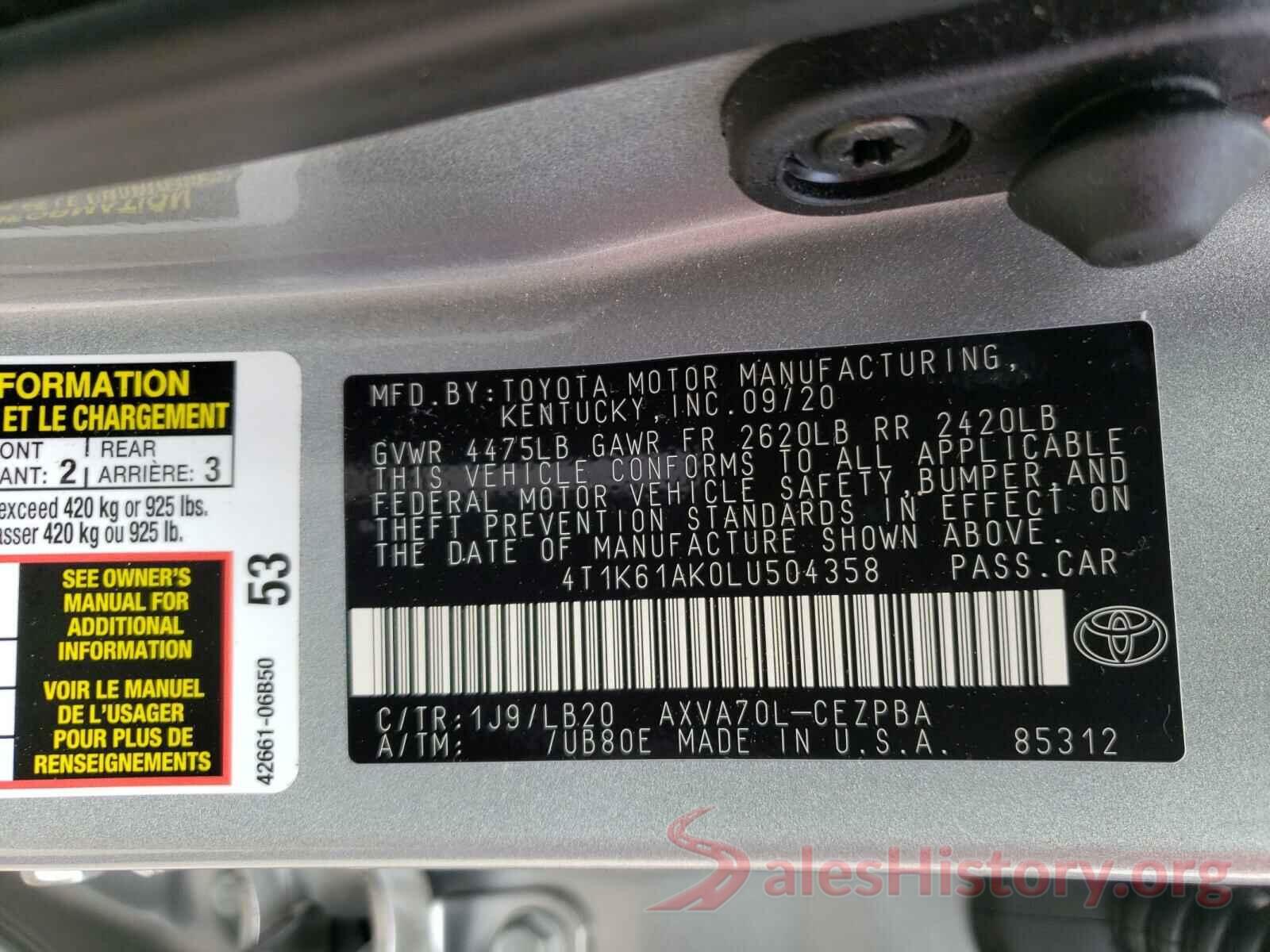 4T1K61AK0LU504358 2020 TOYOTA CAMRY