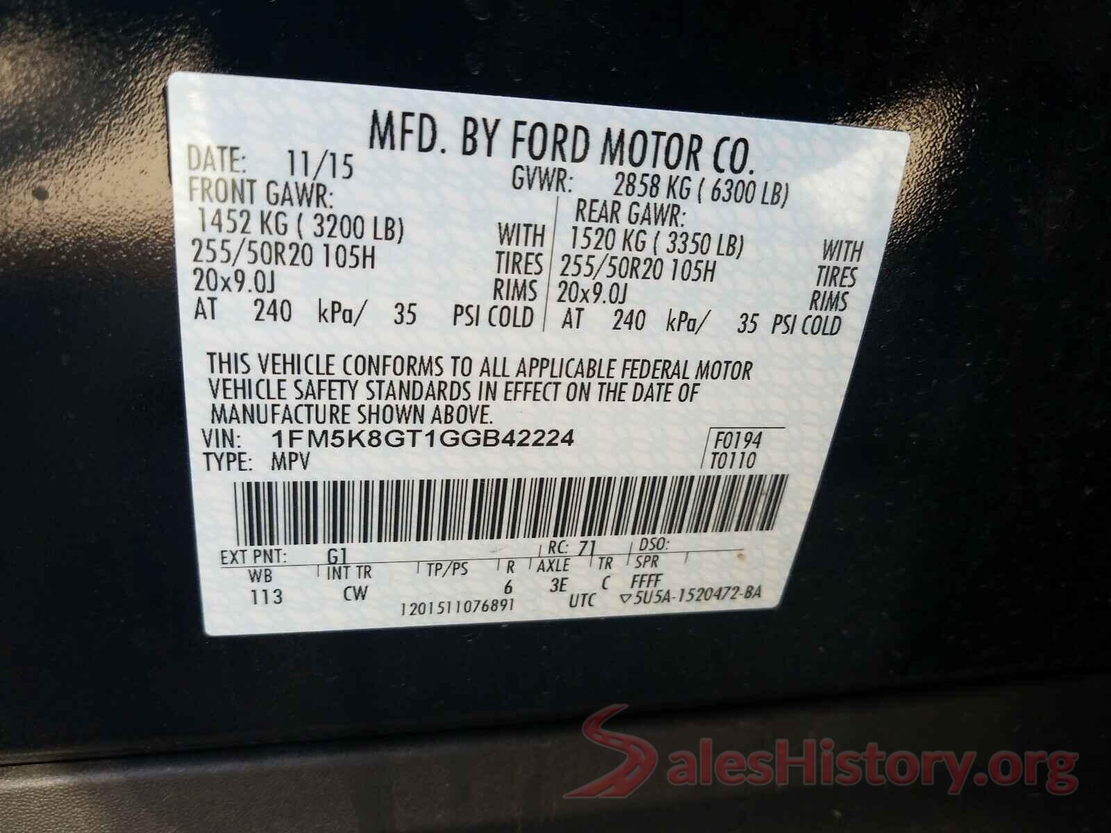 1FM5K8GT1GGB42224 2016 FORD EXPLORER