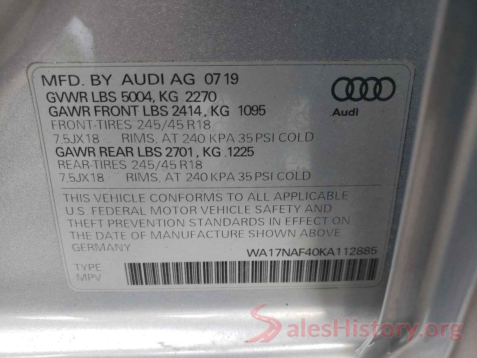 WA17NAF40KA112885 2019 AUDI A4