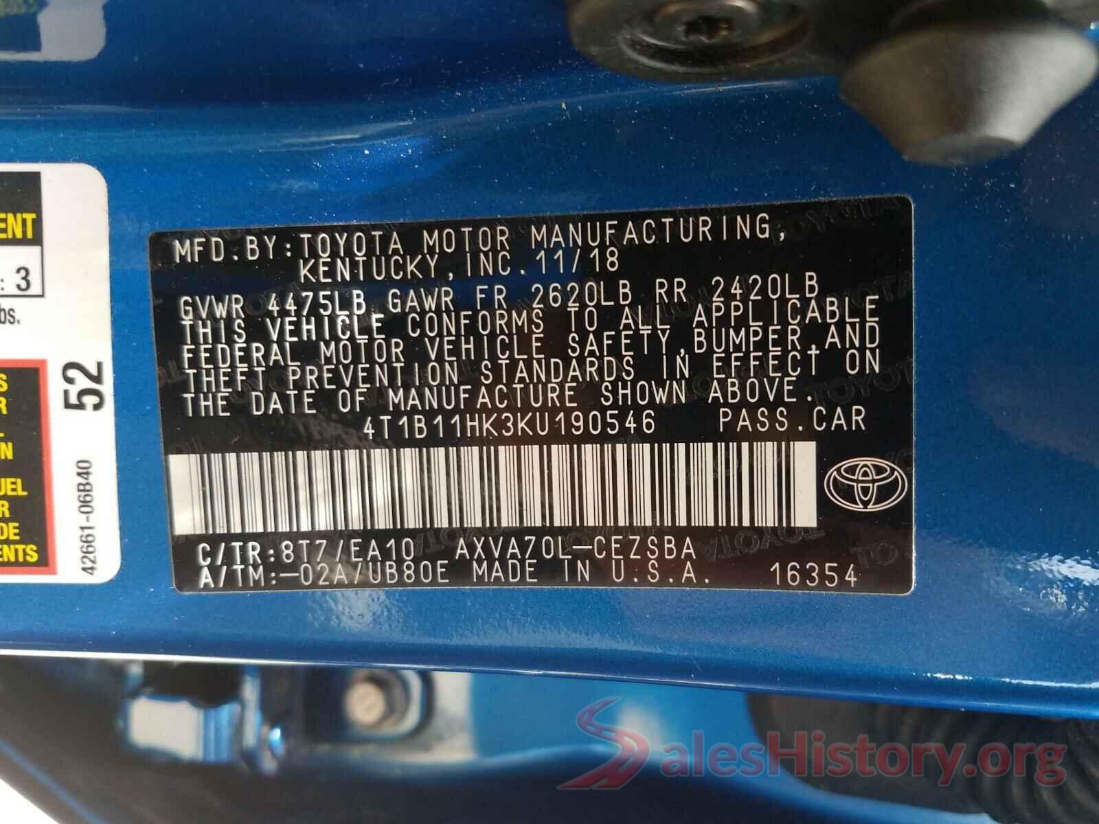 4T1B11HK3KU190546 2019 TOYOTA CAMRY