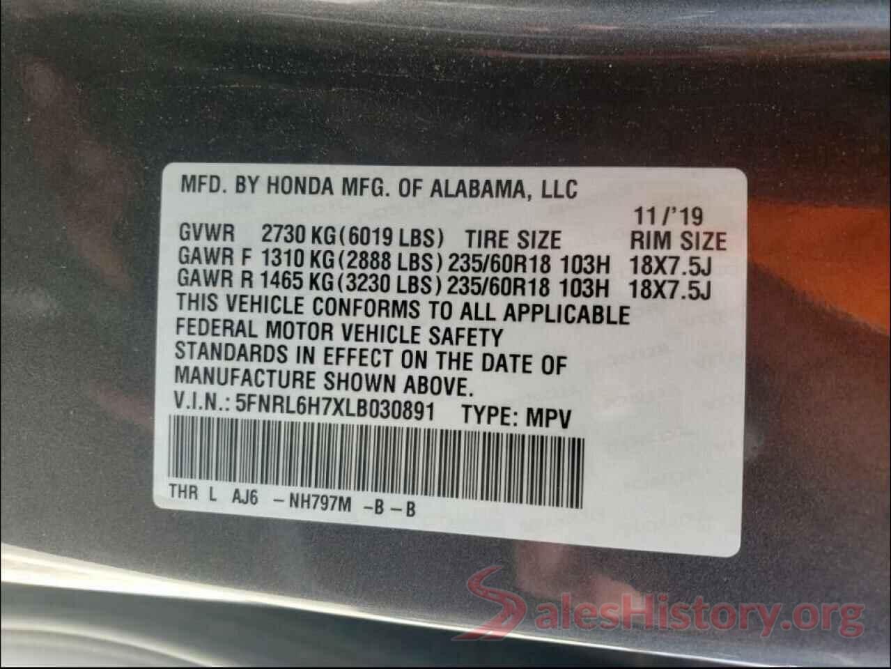 5FNRL6H7XLB030891 2020 HONDA ODYSSEY