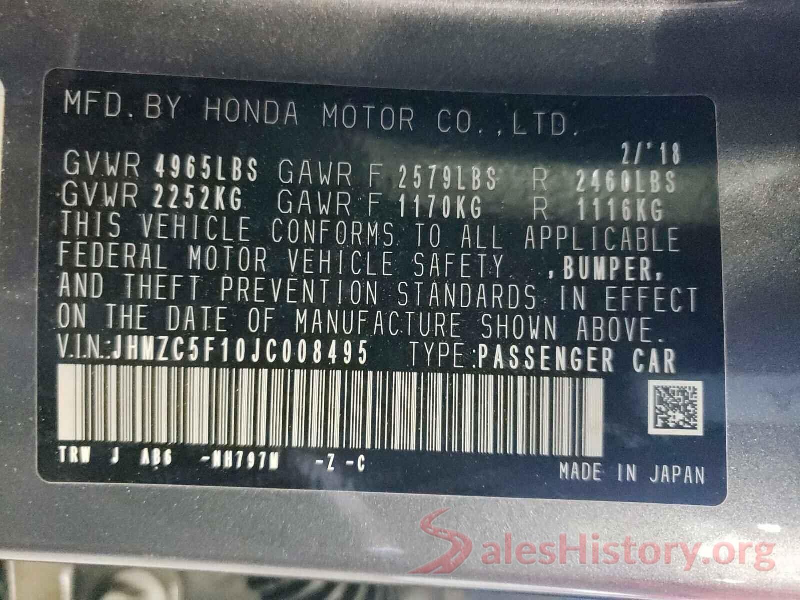 JHMZC5F10JC008495 2018 HONDA CLARITY