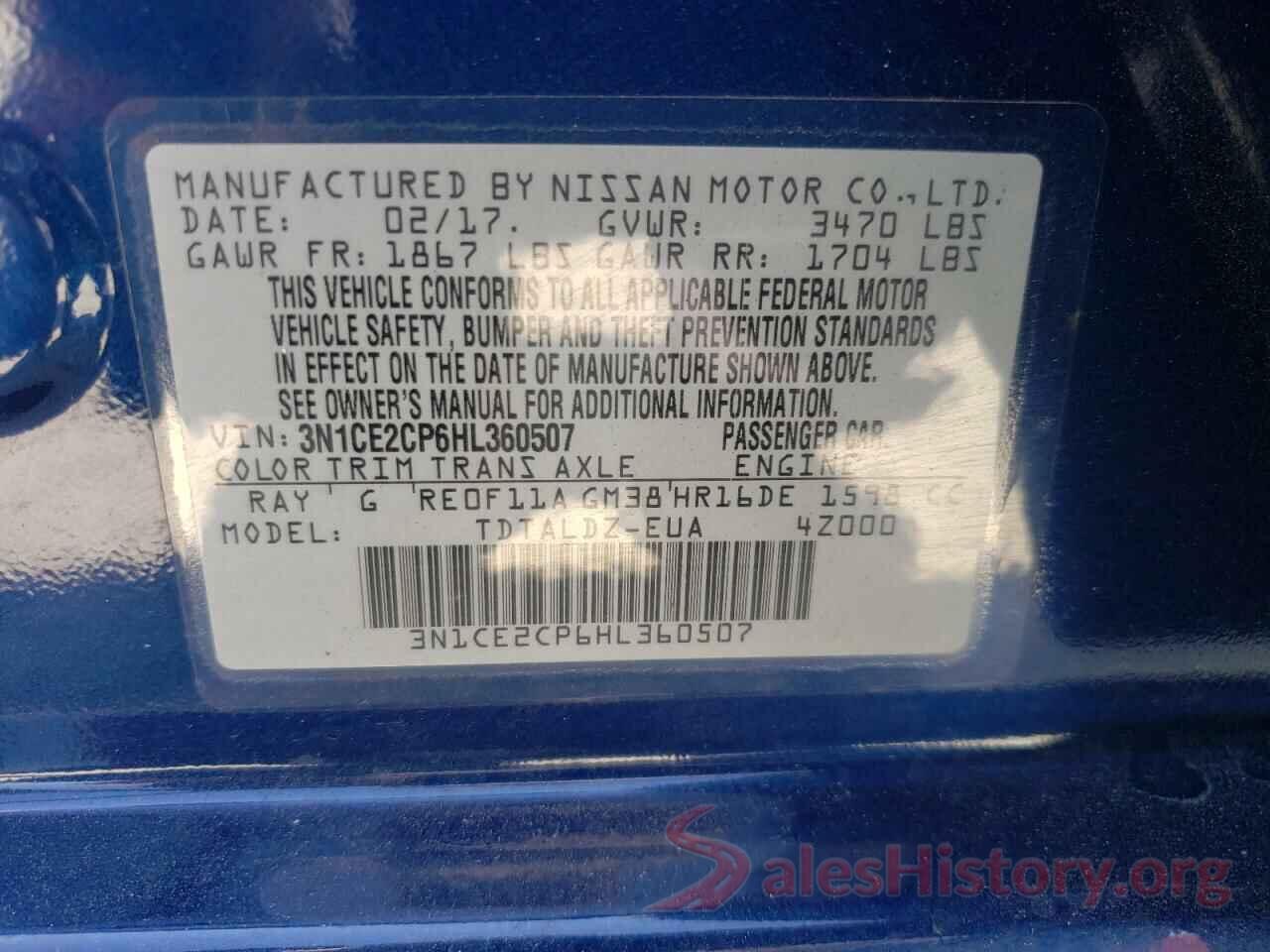 3N1CE2CP6HL360507 2017 NISSAN VERSA