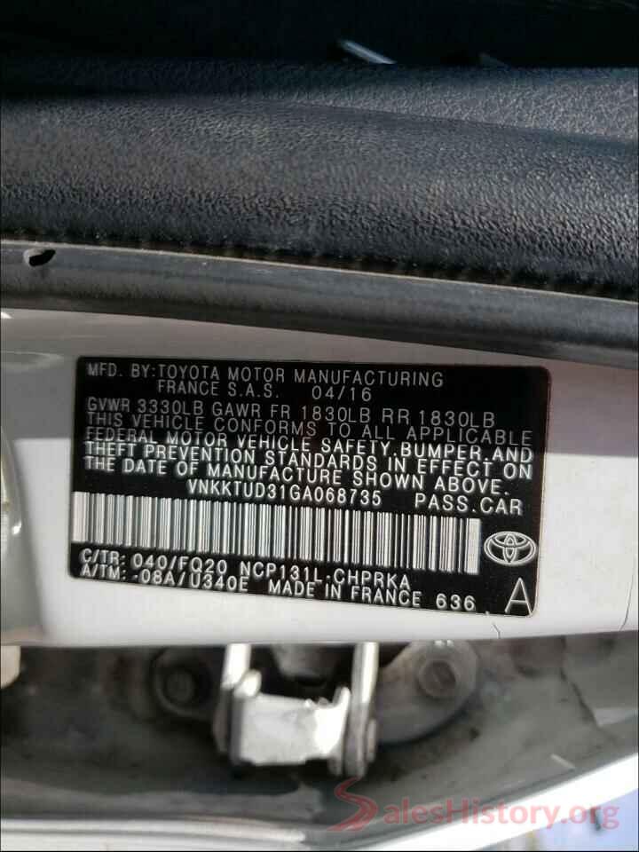 VNKKTUD31GA068735 2016 TOYOTA YARIS