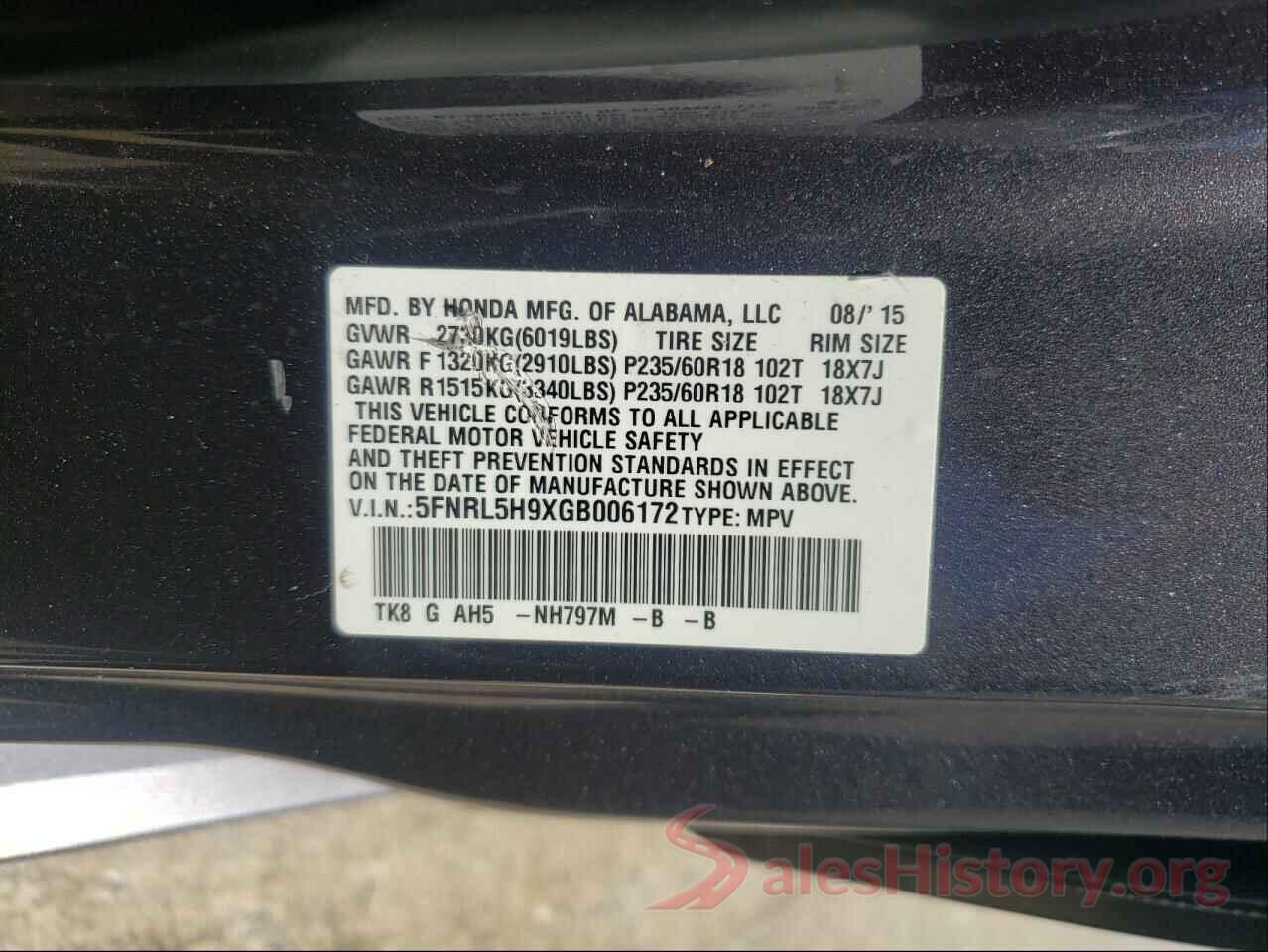 5FNRL5H9XGB006172 2016 HONDA ODYSSEY