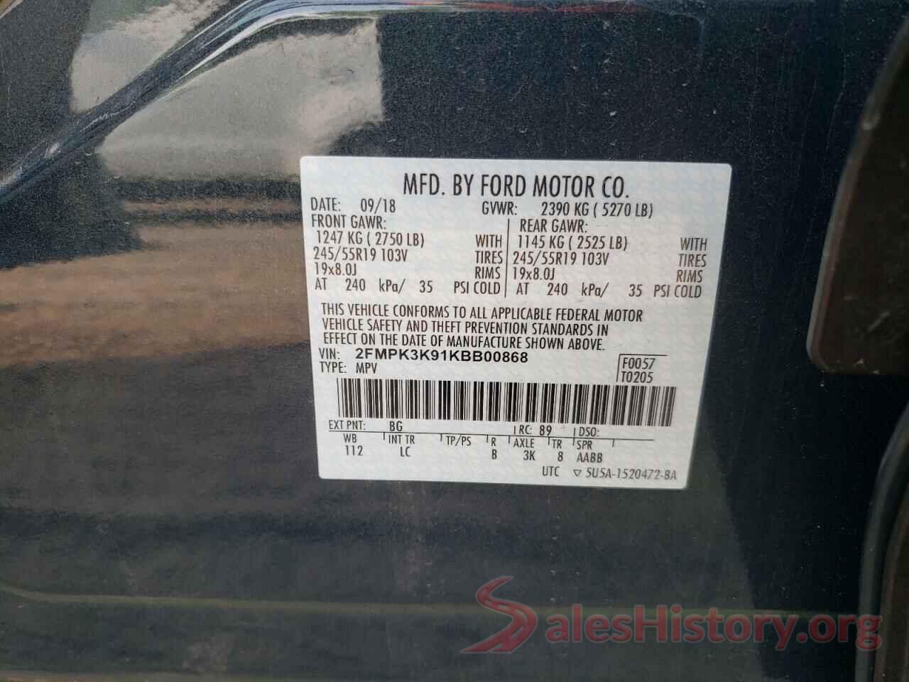 2FMPK3K91KBB00868 2019 FORD EDGE