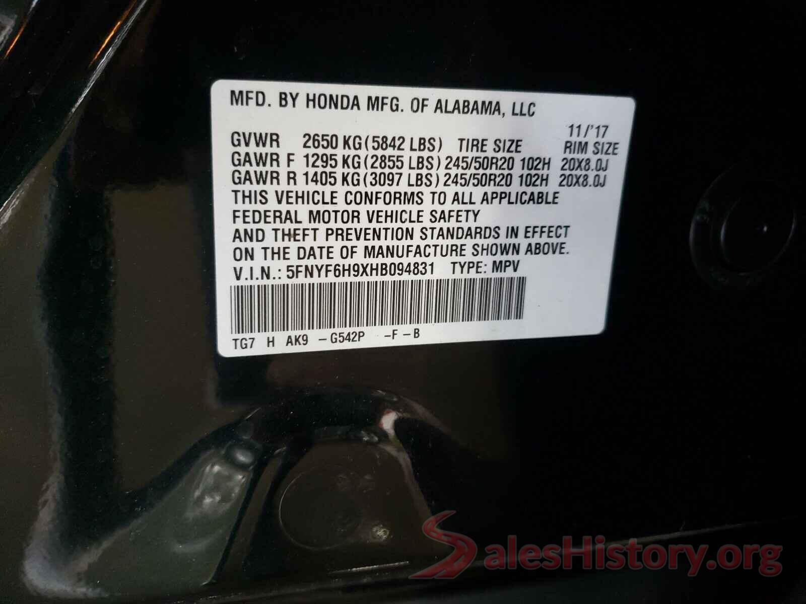 5FNYF6H9XHB094831 2017 HONDA PILOT