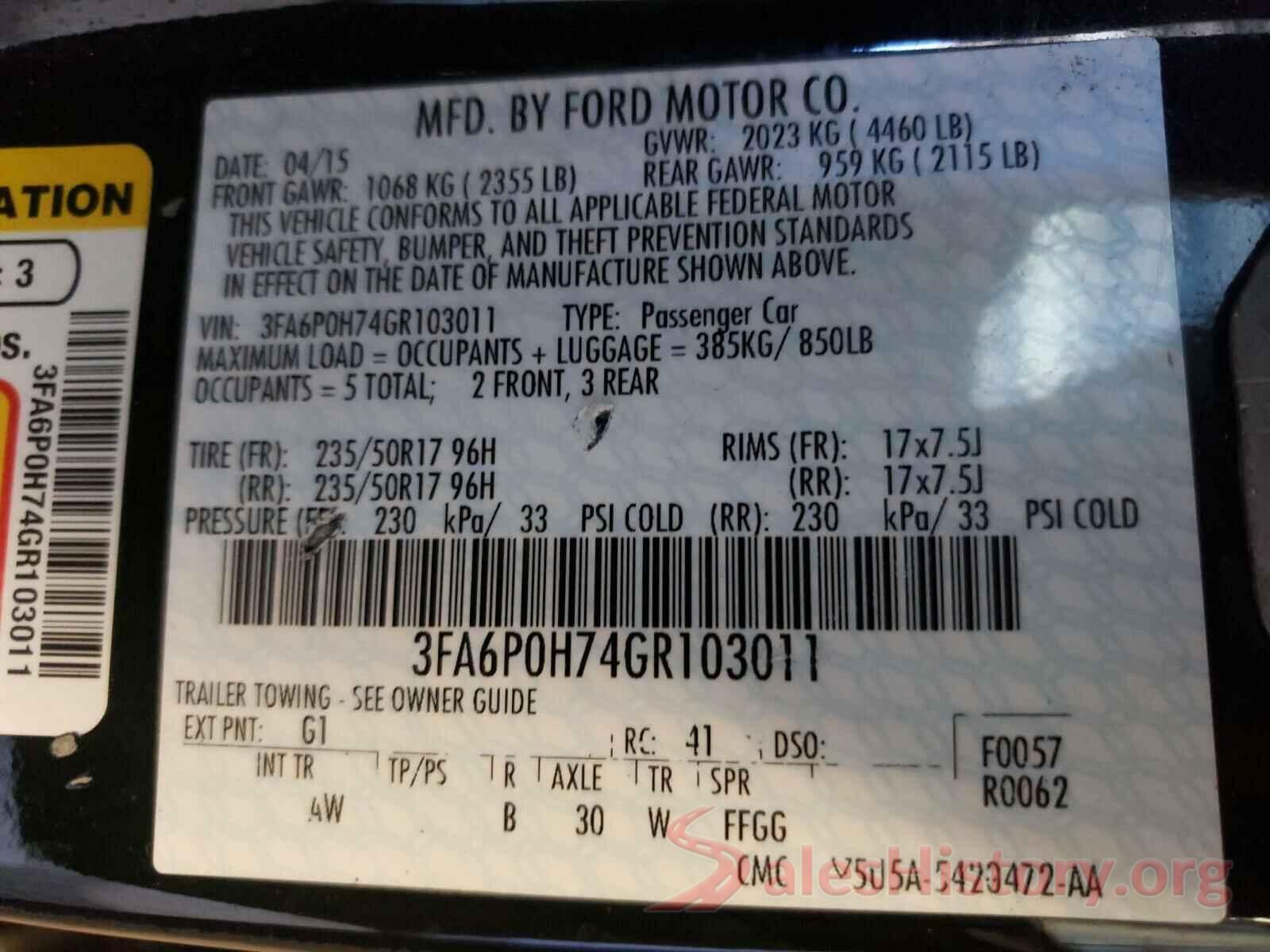 3FA6P0H74GR103011 2016 FORD FUSION