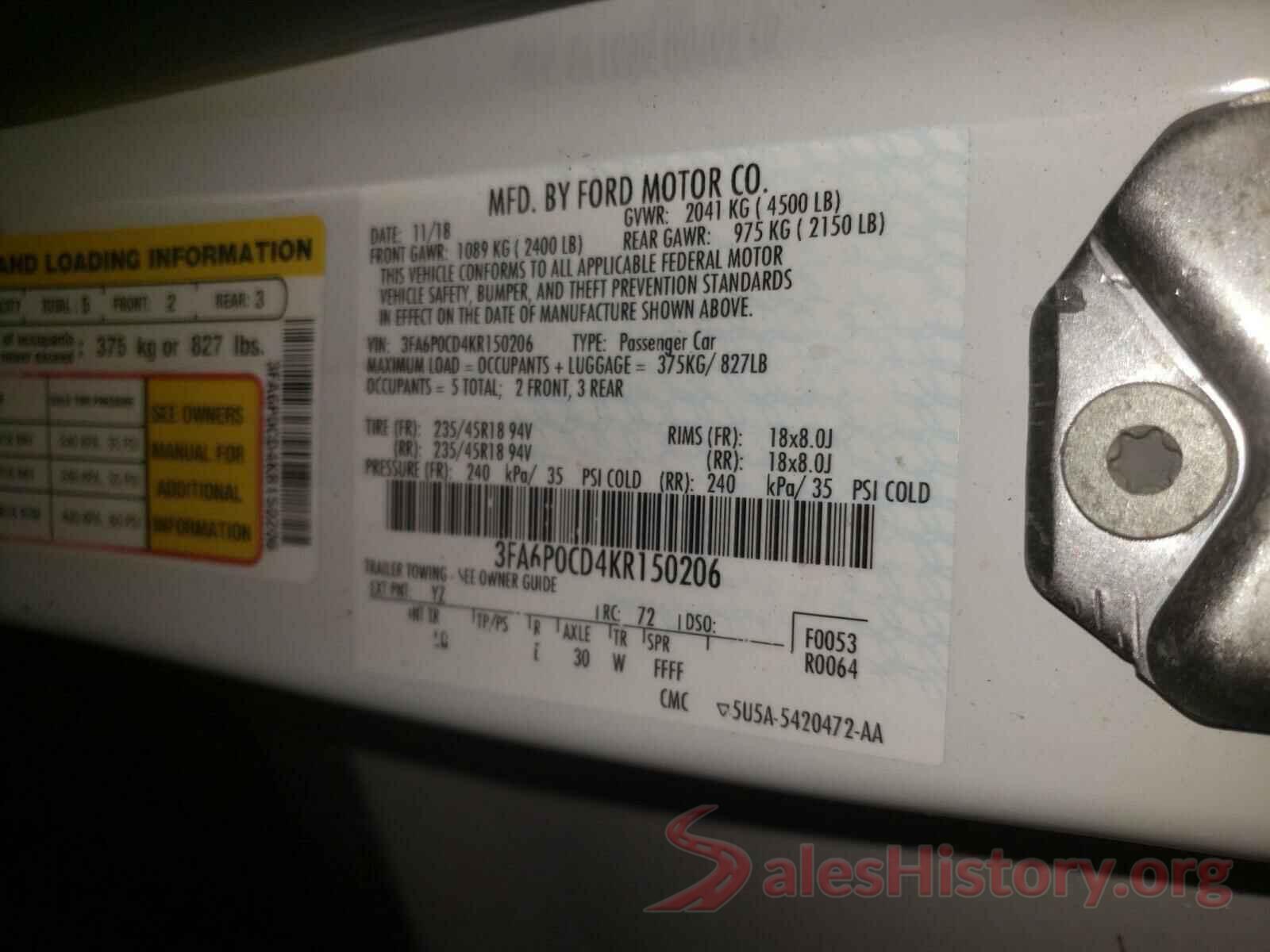 3FA6P0CD4KR150206 2019 FORD FUSION