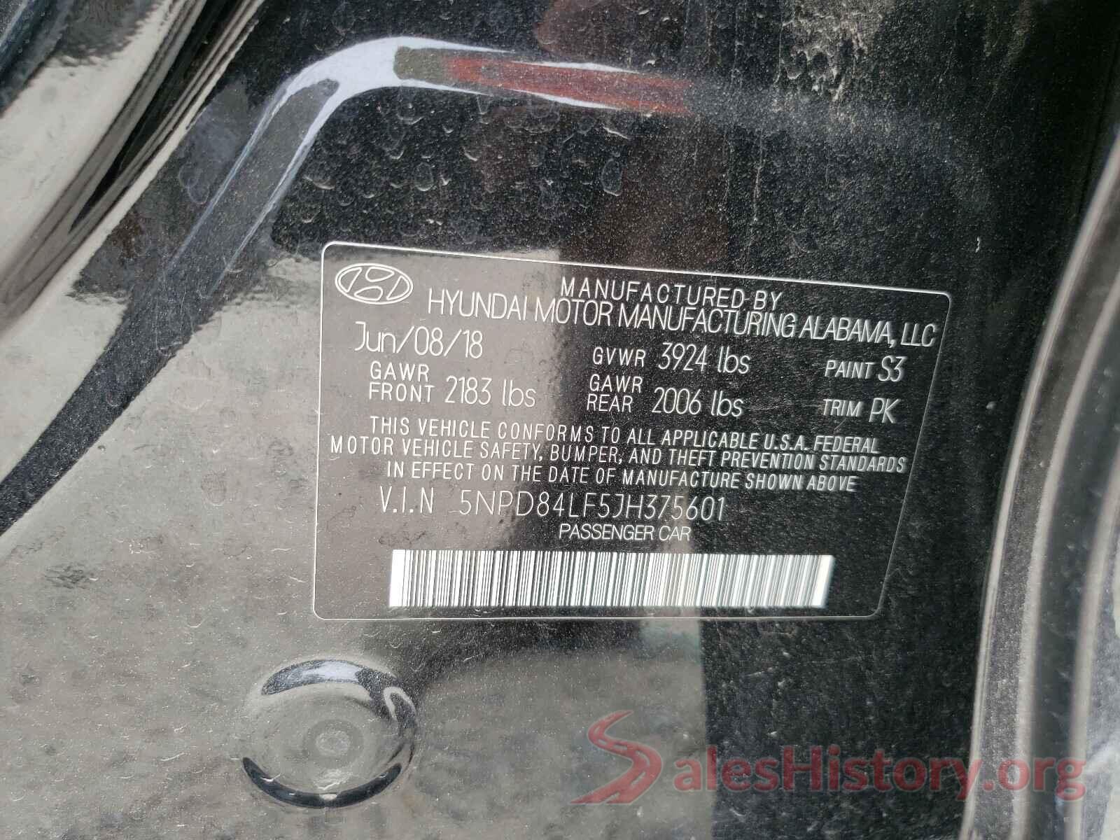 5NPD84LF5JH375601 2018 HYUNDAI ELANTRA