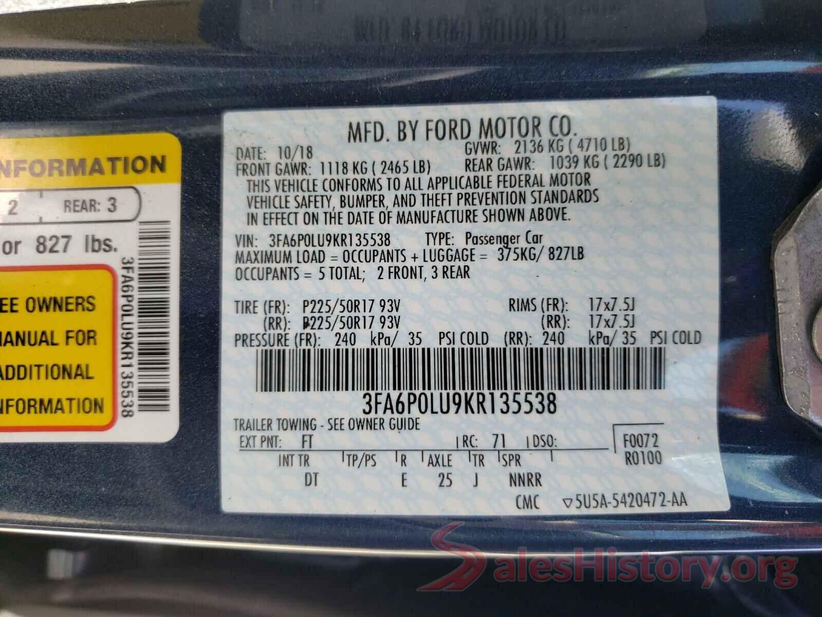 3FA6P0LU9KR135538 2019 FORD FUSION