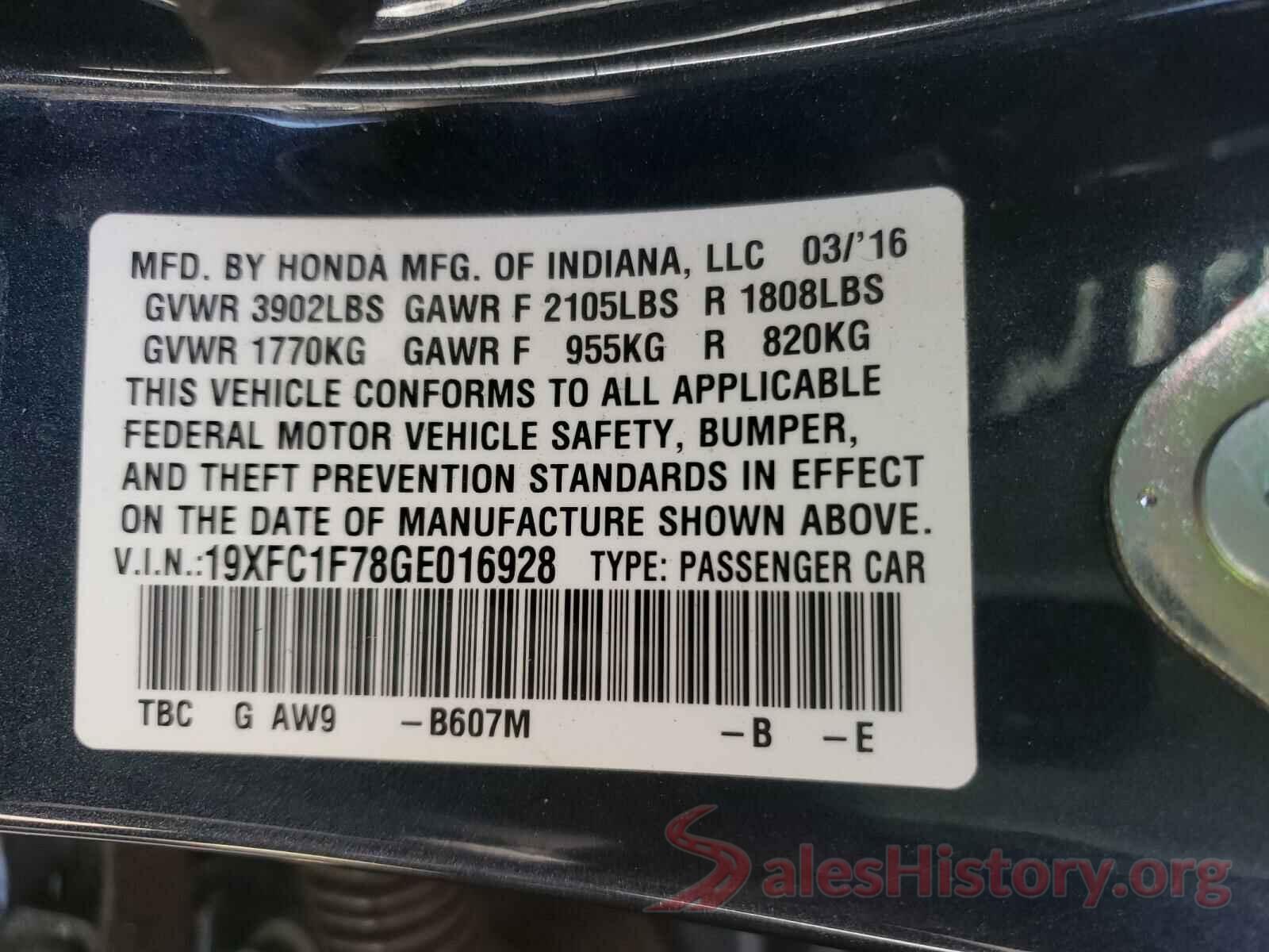 19XFC1F78GE016928 2016 HONDA CIVIC