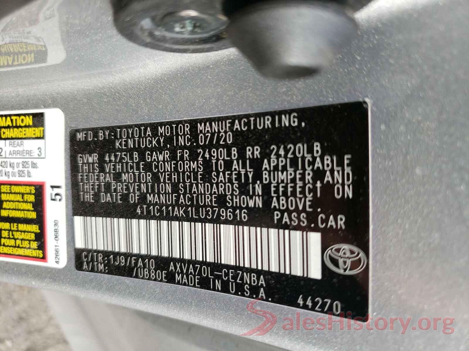 4T1C11AK1LU379616 2020 TOYOTA CAMRY