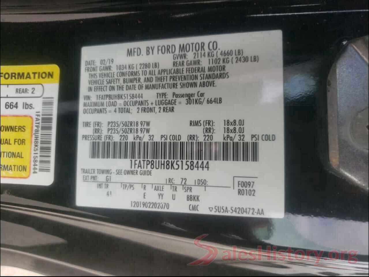 1FATP8UH8K5158444 2019 FORD MUSTANG