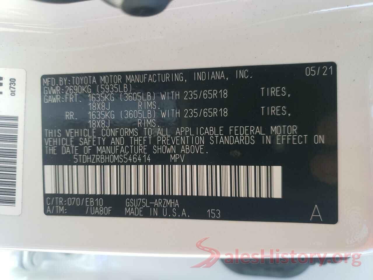 5TDHZRBH0MS546414 2021 TOYOTA HIGHLANDER