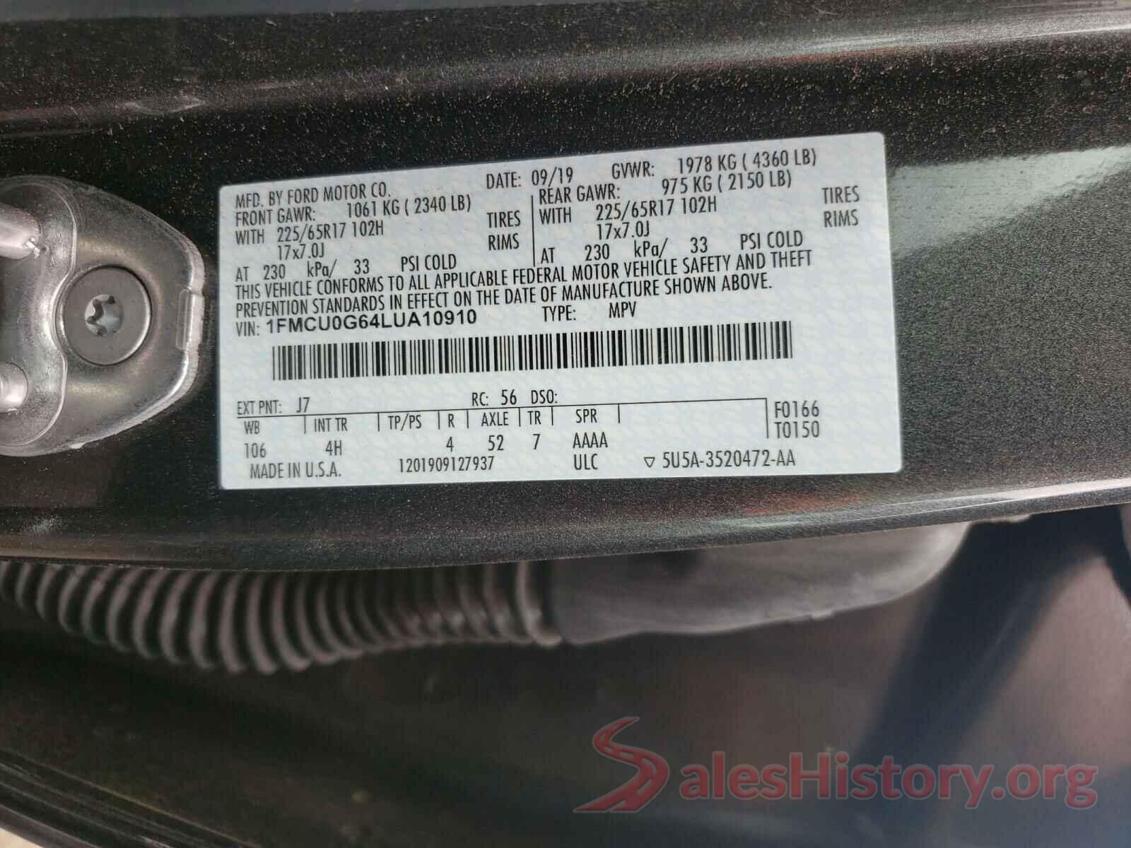 1FMCU0G64LUA10910 2020 FORD ESCAPE