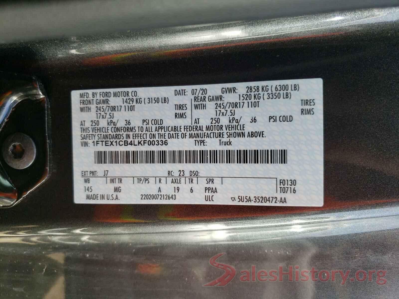 1FTEX1CB4LKF00336 2020 FORD F150