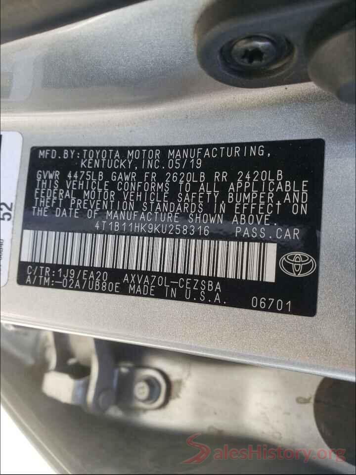 4T1B11HK9KU258316 2019 TOYOTA CAMRY