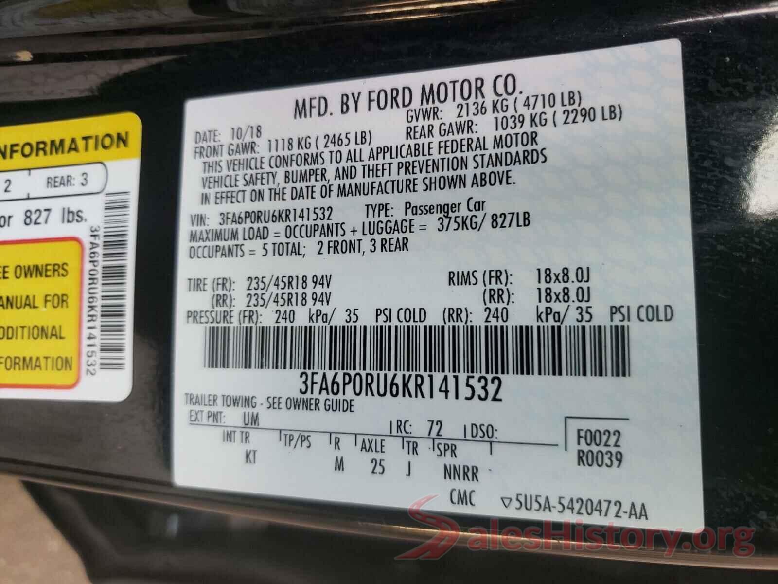 3FA6P0RU6KR141532 2019 FORD FUSION