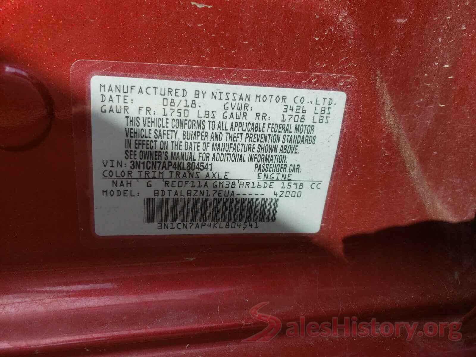 3N1CN7AP4KL804541 2019 NISSAN VERSA