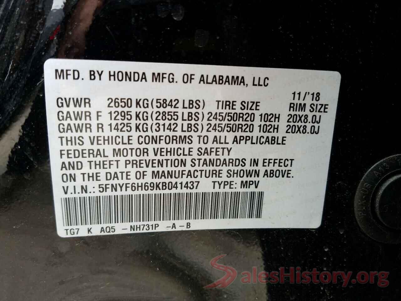 5FNYF6H69KB041437 2019 HONDA PILOT