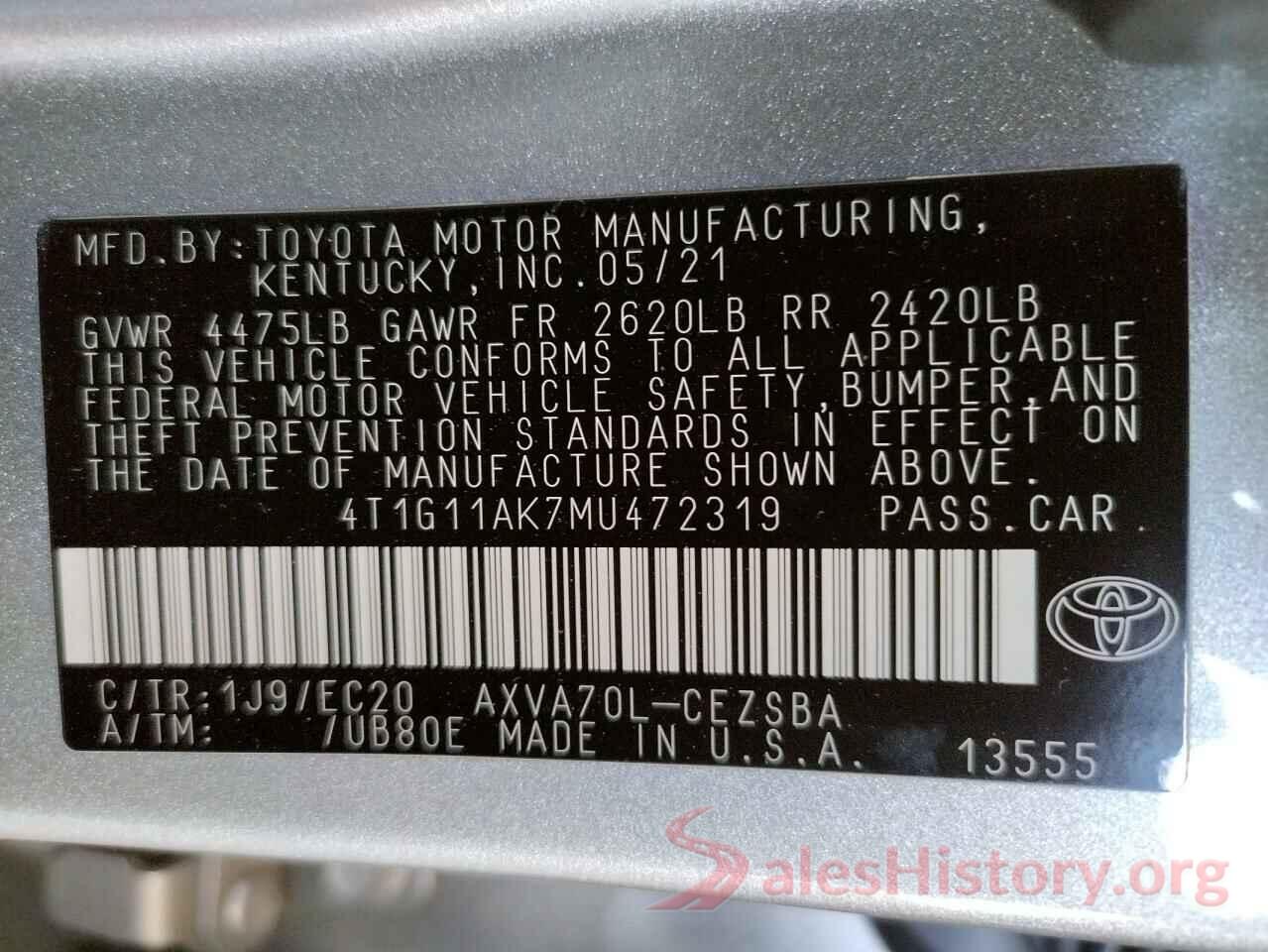 4T1G11AK7MU472319 2021 TOYOTA CAMRY