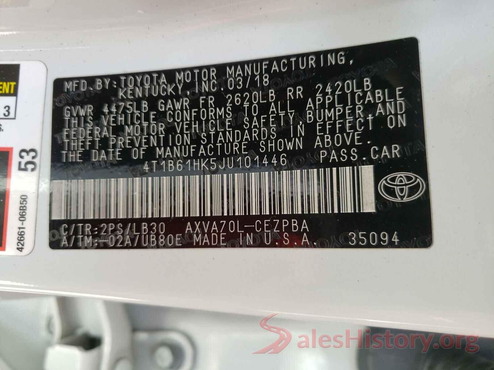 4T1B61HK5JU101446 2018 TOYOTA CAMRY