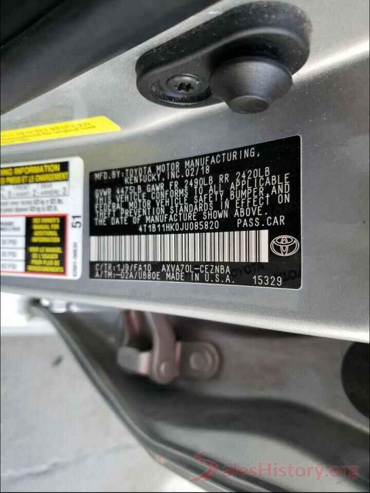 4T1B11HK0JU085820 2018 TOYOTA CAMRY