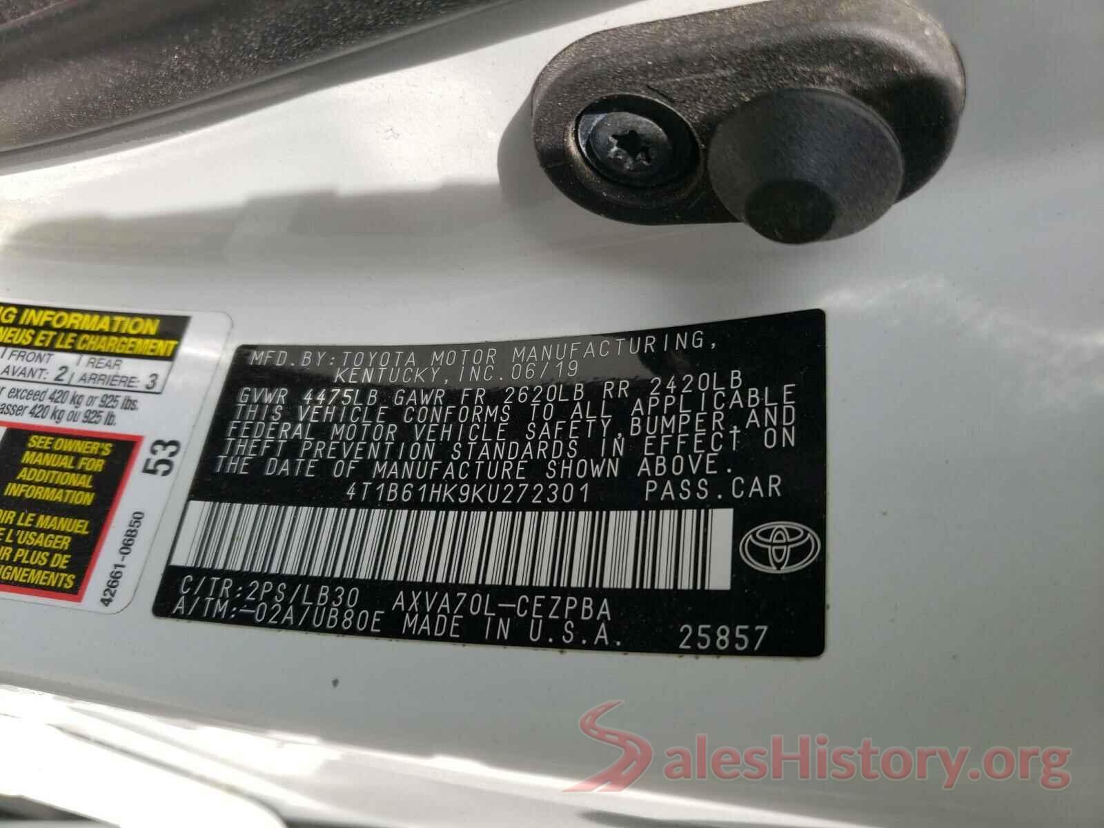 4T1B61HK9KU272301 2019 TOYOTA CAMRY