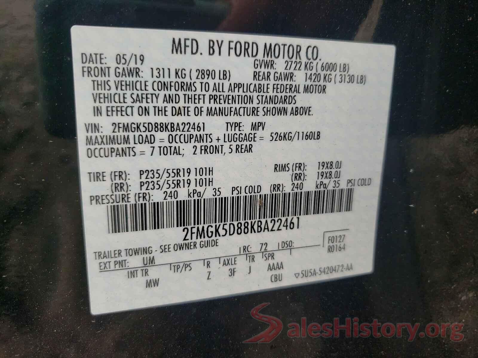 2FMGK5D88KBA22461 2019 FORD FLEX